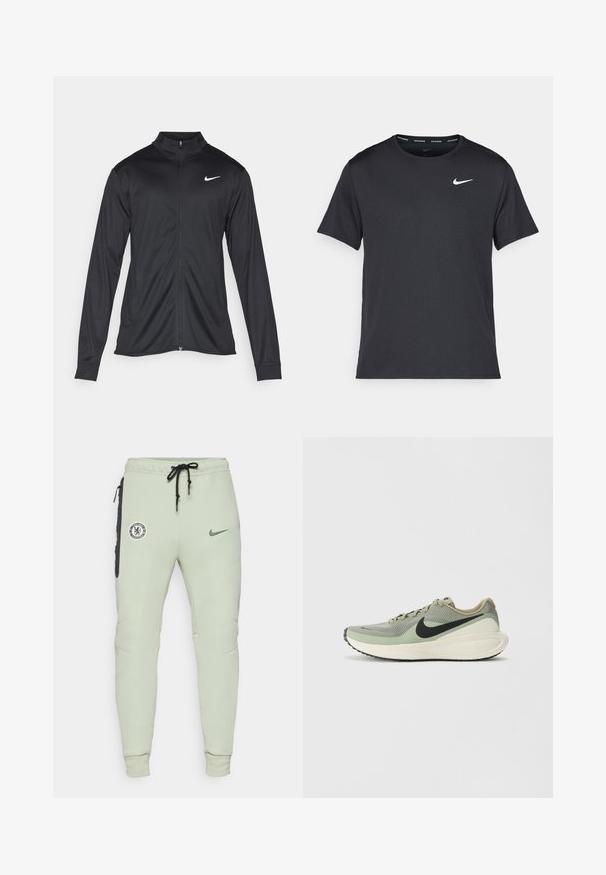 Črna atletska jakna z dolgimi rokavi, ovratnikom in polnim zadrgo. Vključuje diskreten bel Nike logotip na zgornjem levem delu prsnega koša. Gladka tekstura.; Črna tekaška majica Nike, izdelana iz lahkega in zračnega materiala, z kratkimi rokavi in majhnim belim logotipom na prsih.; Svetlo zelene trenirke s prilegajočim dizajnom, ki vsebujejo logotip Chelsea FC in Nike znak, stranske žepe s črnimi poudarki ter elastične manšete.; Nike Performance REVOLUTION 8 - Tekaški copati za cesto - army/black/jade horizon/phantom