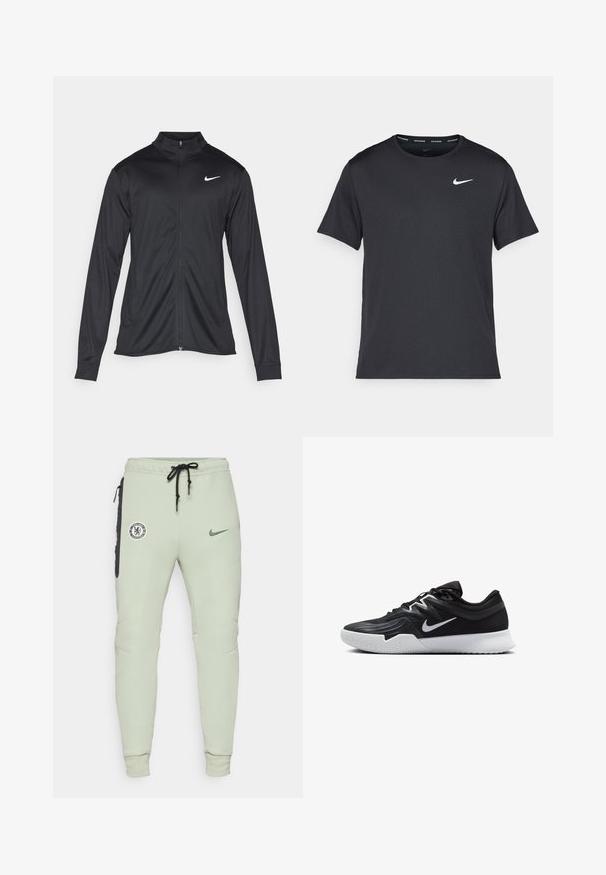 Jachetă sportivă neagră cu mâneci lungi, guler și fermoar complet. Prezintă un logo Nike subtil, alb, pe pieptul din stânga sus. Textură netedă.; Tricou de alergare Nike negru, fabricat dintr-un material ușor și respirabil, cu mâneci scurte și un mic logo alb pe piept.; Dres verde deschis cu un design ajustat, având logo-ul Chelsea FC și emblemă Nike, buzunare laterale cu accente negre și manșete elastice.; Pantof sport negru cu un superior texturat, swoosh alb Nike și o tălpică din cauciuc alb. Dispune de un design cu șireturi și o formă dinamică.