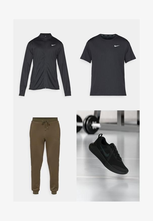 Jachetă sportivă neagră cu mâneci lungi, guler și fermoar complet. Prezintă un logo Nike subtil, alb, pe pieptul din stânga sus. Textură netedă.; Tricou de alergare Nike negru, fabricat dintr-un material ușor și respirabil, cu mâneci scurte și un mic logo alb pe piept.; Pantaloni jogger de culoare verde măsliniu, confecționați dintr-un material moale și neted, având un tiv elastic cu șnur și manșete ajustate la glezne.; Pantof sportiv negru cu partea superioară din plasă texturată, talpă de cauciuc și un logo Swoosh întunecat proeminent. Dispune de un guler căptușit și un design cu șireturi.