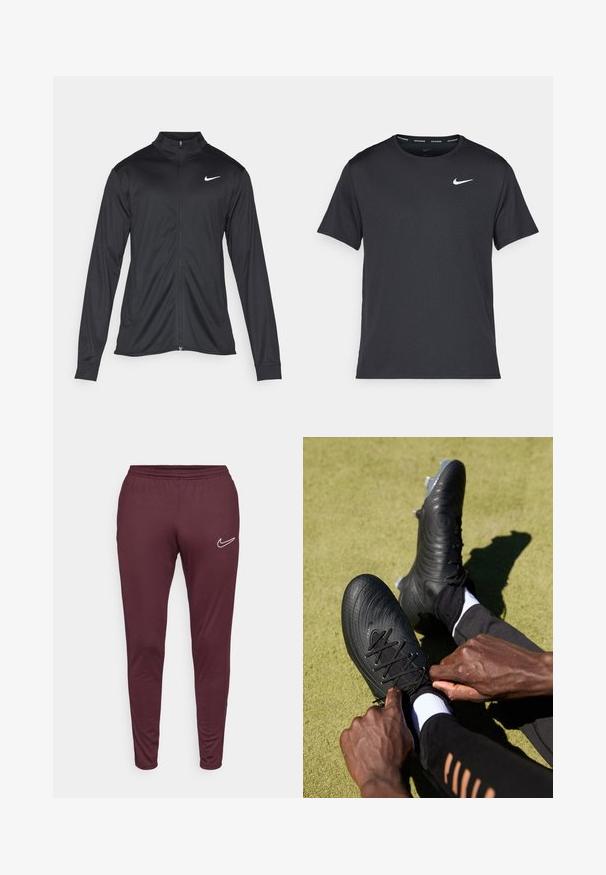 Svart idrettsjakke med lange ermer, krage og full glidelås. Har en subtil Nike-logo i hvitt på øvre venstre bryst. Glatt tekstur.; Svart Nike løpe-T-skjorte laget av lett, pustende stoff, med korte ermer og en liten hvit logo på brystet.; Nike Performance DRI-FIT ACADEMY PANT - Joggebukse - burgundy crush/white; Svart fotballsko med teksturert overflate og svarte lisser, som blir strammet av hender. Mot en grønn overflate, med svart atletisk antrekk og hvite sokker.