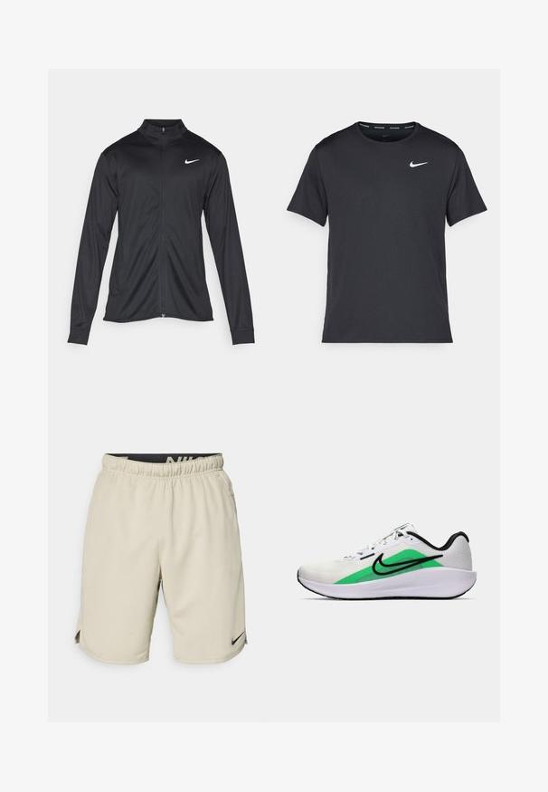 Musta urheilutakki pitkillä hihoilla, kauluksella ja kokonaisella vetoketjulla. Täydentää hienovarainen Nike-logo valkoisena vasemmassa ylärinnassa. Litteä pinta.; Musta Nike juoksupaita, joka on valmistettu kevyestä ja hengittävästä materiaalista. Paidassa on lyhyet hihnat ja pieni valkoinen logo rinnassa.; Beige urheilushortsit, jotka on valmistettu kevyestä kankaasta. Niissä on elastinen vyötärö, sivuhalkiot ja pieni musta Nike-logo vasemmassa alakulmassa.; Valkoinen urheilukenkä, jossa on vihreä yksityiskohta, musta logo, verkkomateriaali päälliosassa, pehmustettu pohja ja pyöreä korko. Sisältää nauhat ja kontrastiväriä.