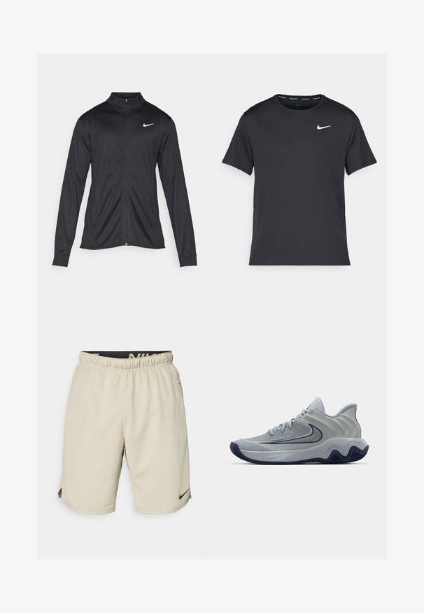 Fekete sportdzseki hosszú ujjal, gallérral és teljes cipzárral. Diszkrét fehér Nike logóval az upper bal mellen. Sima textúra.; Fekete Nike futó póló, könnyű, légáteresztő anyagból készült, rövid ujjú, és a mellkasán egy kicsi fehér logó található.; Világosbarna sportnadrág, könnyű anyagból készült, rugalmas derékkal, oldalsó hasítékokkal, és egy kis fekete Nike logóval a bal alsó oldalon.; Szürke sportcipő textúrált felsőrésszel, geometriai díszítéssel, párnázott bokarésszel és hullámos mintázatú gumitalppal. Nike logó látható.