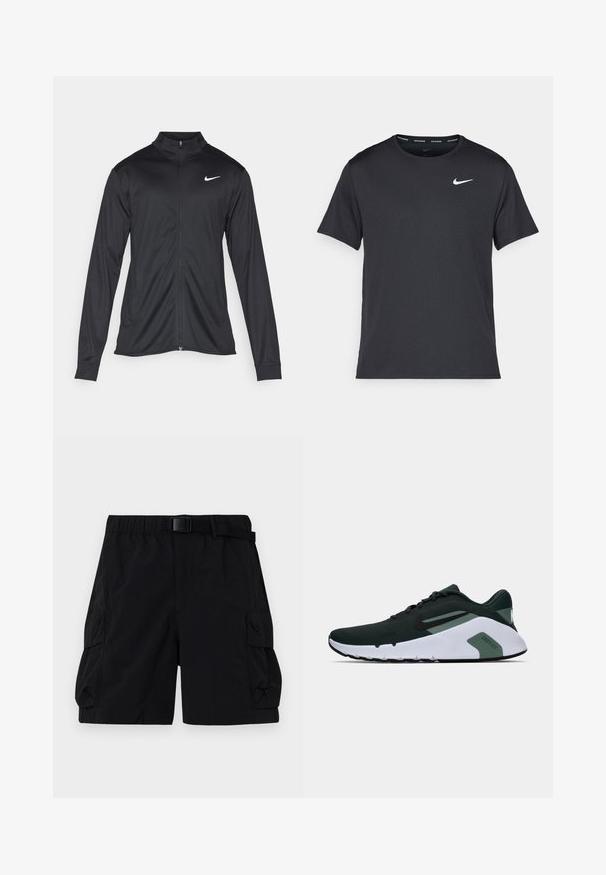 Svart idrettsjakke med lange ermer, krage og full glidelås. Har en subtil Nike-logo i hvitt på øvre venstre bryst. Glatt tekstur.; Svart Nike løpe-T-skjorte laget av lett, pustende stoff, med korte ermer og en liten hvit logo på brystet.; Svart cargo shorts med elastisk midje, justerbart belte og to side lommer med teksturert stofffinish.; Idrettssko i mørkegrønt mesh med svarte detaljer, med en tykk hvit såle og grønne detaljer på hælen. Slankt, moderne design.