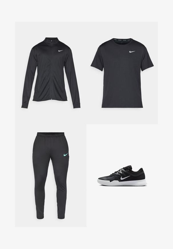 Melna sporta jaka ar garām piedurknēm, apkakli un pilnu rāvējslēdzēju. Uz kreisā krūts augšdaļas ir maigs Nike logo baltā krāsā. Gluda tekstūra.; Melna Nike skriešanas T-kreklā, kas izgatavots no viegla un elpojoša materiāla, ar īsām piedurknēm un mazu baltu logo uz krūtīm.; Melni sporta bikses, kas izgatavotas no elastīgas auduma, ar sašaurinātu dizainu, elastīgu jostasvietu un teāl zilā nokrāsā Nike logo kreisajā augšstilbā.; Melni sporta apavi ar teksturētu virsu, balto Nike zulumu un balto gumijas zoli. Iezīmējas ar auklu pievilkšanas dizainu un dinamisku formu.