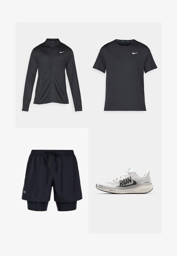 Juodas sportinis švarkas su ilgomis rankovėmis, apykakle ir pilnu užtrauktuku. Yra subtilus baltas Nike logotipas kairėje krūtinės pusėje. Lygus tekstūra.; Juodas Nike bėgimo marškinėlis, pagamintas iš lengvos, kvėpuojančios medžiagos, turintis trumpas rankoves ir mažą baltą logotipą ant krūtinės.; Juodos sportinės šortai su elastinga juosme ir raišteliu, turintys vidinį prigludusį sluoksnį ir "Under Armour" logotipą šone.; Balti sportiniai bateliai su tinkleliu, dideliu juodu "RUN" spaudiniu, šviesiai pilkais akcentais ir paminkštintu padu su "AIR 200M" ženklu.