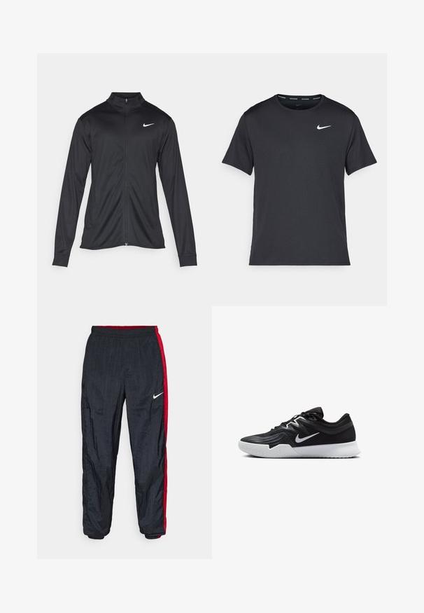 Czarna sportowa kurtka z długimi rękawami, kołnierzem i pełnym zamkiem. Posiada subtelne logo Nike w białym kolorze na lewej górnej części klatki piersiowej. Gładka tekstura.; Czarna koszulka do biegania Nike z lekkiego, oddychającego materiału, z krótkimi rękawami i małym białym logo na piersi.; Spodnie dresowe Nike w kolorze czarnym z czerwonymi panelami bocznymi, elastycznym paskiem w talii i zwężanymi mankietami. Wykonane z gładkiego, lekkiego materiału.; Czarne buty sportowe z teksturowaną cholewką, białym logo Nike i białą gumową podeszwą. Charakteryzują się sznurowanym zapięciem i dynamicznym kształtem.