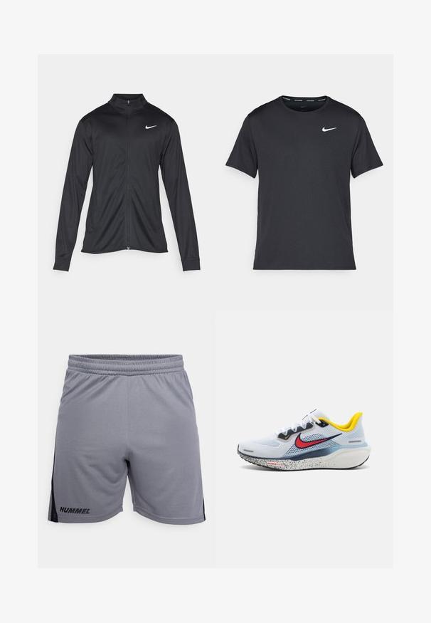 Black athletic jacket with long sleeves, collar, and full zipper. Features a subtle Nike logo in white on the upper left chest. Smooth texture.; Black Nike running T-shirt made of lightweight, breathable material, featuring short sleeves and a small white logo on the chest.; Gray athletic shorts with a side black stripe, made from lightweight material, featuring a stretchy waistband and the logo "HUMMEL" on the lower left.; Nike Performance AIR ZOOM PEGASUS 41 - Road running shoes - white/speed red/psychic blue/speed yellow/midnight navy/pure platinum