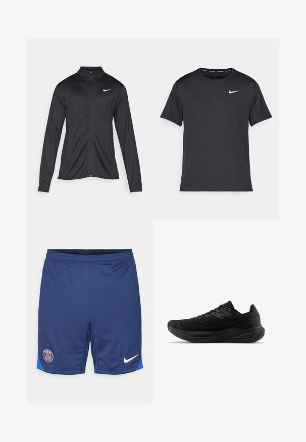 Musta urheilutakki pitkillä hihoilla, kauluksella ja kokonaisella vetoketjulla. Täydentää hienovarainen Nike-logo valkoisena vasemmassa ylärinnassa. Litteä pinta.; Musta Nike juoksupaita, joka on valmistettu kevyestä ja hengittävästä materiaalista. Paidassa on lyhyet hihnat ja pieni valkoinen logo rinnassa.; Navy jalkapallosortsit, jotka on valmistettu hengittävästä kankaasta, joissa on sininen korostus helman kohdalla ja pyöreä Pariisi-logo vasemmalla reidellä, sekä valkoinen Nike-logomerkki.; Mustat urheilukengät, joissa on teksturoitu päällys, tyylikäs muotoilu, nauhakiinnitys ja paksumpi uritettu pohja paremman pidon takaamiseksi.