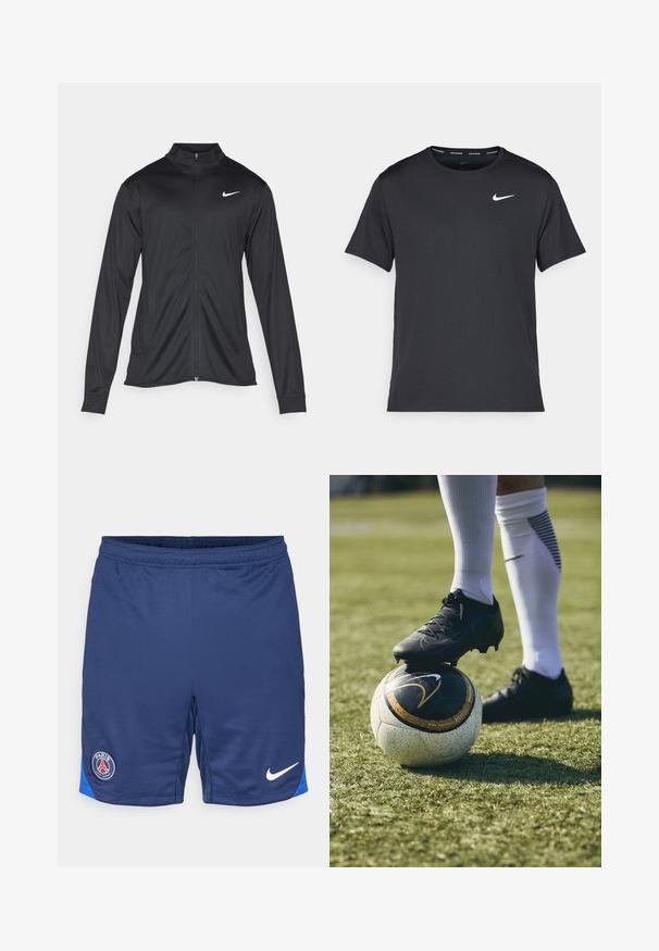 Musta urheilutakki pitkillä hihoilla, kauluksella ja kokonaisella vetoketjulla. Täydentää hienovarainen Nike-logo valkoisena vasemmassa ylärinnassa. Litteä pinta.; Musta Nike juoksupaita, joka on valmistettu kevyestä ja hengittävästä materiaalista. Paidassa on lyhyet hihnat ja pieni valkoinen logo rinnassa.; Navy jalkapallosortsit, jotka on valmistettu hengittävästä kankaasta, joissa on sininen korostus helman kohdalla ja pyöreä Pariisi-logo vasemmalla reidellä, sekä valkoinen Nike-logomerkki.; Mustat jalkapallokengät valkoisella ja mustalla kuviollisella jalkapallolla, joka lepää vihreällä nurmella. Kengissä on teksturoitu pinta ja nauhat.