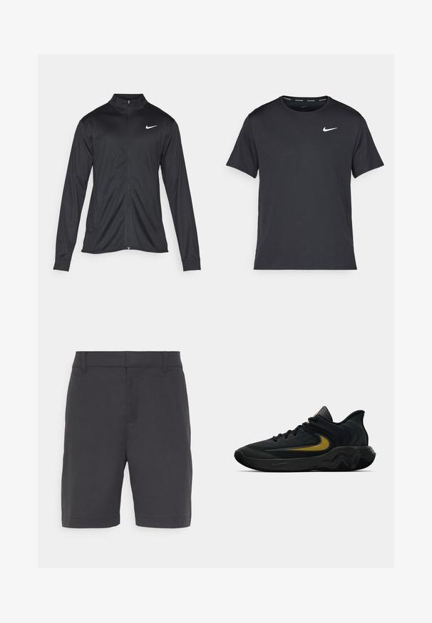 Melna sporta jaka ar garām piedurknēm, apkakli un pilnu rāvējslēdzēju. Uz kreisā krūts augšdaļas ir maigs Nike logo baltā krāsā. Gluda tekstūra.; Melna Nike skriešanas T-kreklā, kas izgatavots no viegla un elpojoša materiāla, ar īsām piedurknēm un mazu baltu logo uz krūtīm.; Tumši pelēki šorti, izgatavoti no gludas auduma, ar taisnu priekšpusi, divām sānu kabatām un apakšu, kas beidzas tieši virs ceļa.; Melna un tumši pelēka sporta apavu pāris ar melnām auklām un zelta Swoosh logo, ar viļņotu zolītes dizainu un polsterētu papēdi.