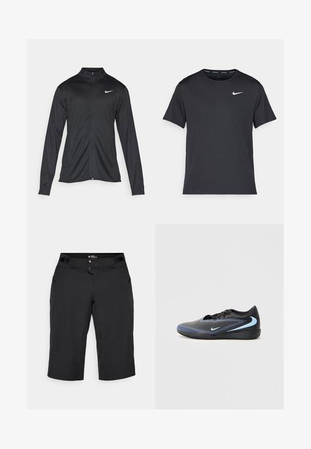 Černá sportovní bunda s dlouhými rukávy, límcem a plným zipem. Má decentní bílou logo značky Nike na horní levé části hrudi. Hladká textura.; Černé běžecké tričko Nike vyrobené z lehkého a prodyšného materiálu, s krátkými rukávy a malým bílým logem na hrudi.; Černé šortky vyrobené z lehkého materiálu, s knoflíkovým zapínáním, předními kapsami a délkou ke kolenům se rovnou spodní částí.; Černá a modrá nízká sportovní obuv s texturovaným povrchem, černými šňůrkami a světle modrými logy Nike swoosh na boku a podrážce.