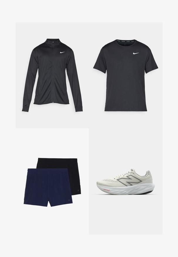 Juodas sportinis švarkas su ilgomis rankovėmis, apykakle ir pilnu užtrauktuku. Yra subtilus baltas Nike logotipas kairėje krūtinės pusėje. Lygus tekstūra.; Juodas Nike bėgimo marškinėlis, pagamintas iš lengvos, kvėpuojančios medžiagos, turintis trumpas rankoves ir mažą baltą logotipą ant krūtinės.; Duos šortų: vieni tamsiai mėlyni, kiti juodi. Pagaminti iš minkštos medžiagos su elastinga juosmens juosta ir šoninėmis kišenėmis. Paprastos, vienspalvės spalvos.; Baltos bėgimo bateliai su pilkais akcentais. Tinklinis viršus, tekstūruotas padas ir išsiskiriantis "N" logotipas. Apsaugota apykaklė ir "Fresh Foam" etiketė.