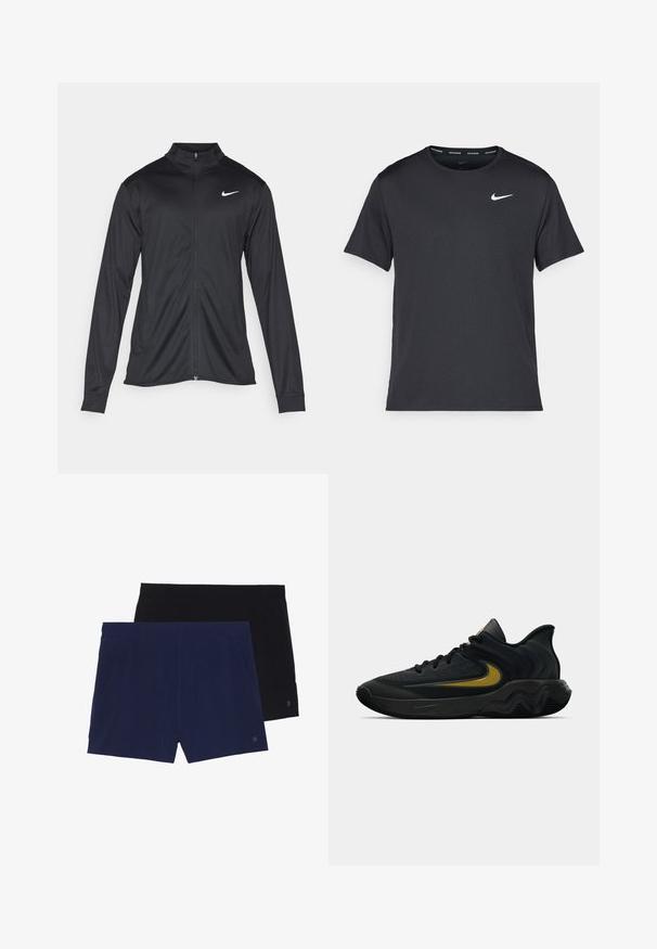 Giacca sportiva nera con maniche lunghe, colletto e zip completa. Presenta un logo Nike in bianco sulla parte superiore del lato sinistro del petto. Tessuto morbido.; Maglietta da corsa Nike nera realizzata in materiale leggero e traspirante, con maniche corte e un piccolo logo bianco sul petto.; Due paia di pantaloni corti: uno blu navy e uno nero. Realizzati in tessuto morbido con un cinturino elastico e tasche laterali. Colori semplici e solidi.; Scarpa da ginnastica nera e grigia scura con lacci neri e logo swoosh dorato, caratterizzata da un design della suola ondulato e un colletto del tallone imbottito.