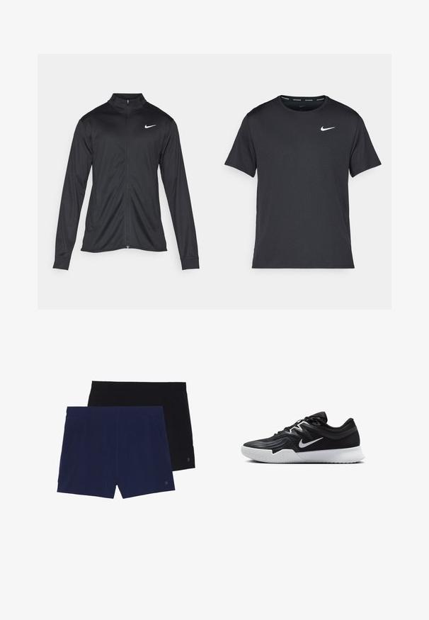 Jacket desportivo preto com mangas longas, colarinho e fecho zip completo. Apresenta um discreto logotipo da Nike em branco na parte superior do lado esquerdo do peito. Textura suave.; T-shirt de corrida Nike preto, feito de material leve e respirável, com mangas curtas e um pequeno logo branco no peito.; Dois pares de calções: um azul-marinho e um preto. Feitos de tecido macio com cintura elástica e bolsos laterais. Cores sólidas e simples.; Sapatilha atlética preta com um cabedal texturizado, swoosh branco da Nike e uma sola de borracha branca. Apresenta um design com atacadores e uma forma dinâmica.