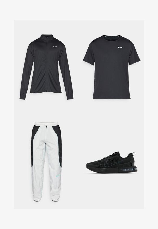 Schwarze Sportjacke mit langen Ärmeln, Kragen und voller Reißverschluss. Verfügt über ein dezentes Nike-Logo in Weiß auf der oberen linken Brust. Glatte Textur.; Schwarzes Nike Lauft-Shirt aus leichtem, atmungsaktivem Material, mit kurzen Ärmeln und einem kleinen weißen Logo auf der Brust.; Schwarz-weiße Sporthose mit elastischem Bund und Kordelzug, mit hellblauen Akzenten und Seitentaschen. Aus leichtem Material gefertigt.; Schwarzer Nike Sportschuh mit einem Mesh-Obermaterial, gummierter Sohle, gepolstertem Kragen und einem auffälligen transparenten Fersenakzent.