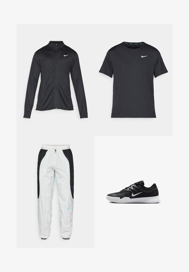 Veste de sport noire à manches longues, avec col et fermeture éclair intégrale. Présente un logo Nike subtil en blanc sur le côté supérieur gauche de la poitrine. Texture lisse.; T-shirt de course noir Nike en matériau léger et respirant, avec des manches courtes et un petit logo blanc sur la poitrine.; Pantalons de sport blancs et noirs avec une taille élastique et un cordon de serrage, présentant des accents bleu clair et des poches latérales. Fabriqués en matériau léger.; Chaussure de sport noire avec une tige texturée, un swoosh blanc de Nike et une semelle extérieure en caoutchouc blanc. Elle présente un design à lacets et une forme dynamique.