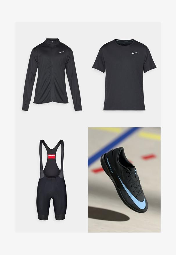 Črna atletska jakna z dolgimi rokavi, ovratnikom in polnim zadrgo. Vključuje diskreten bel Nike logotip na zgornjem levem delu prsnega koša. Gladka tekstura.; Črna tekaška majica Nike, izdelana iz lahkega in zračnega materiala, z kratkimi rokavi in majhnim belim logotipom na prsih.; Črne kolesarske hlače z naramnicami iz mrežastega materiala, oblazinjeno sedežno področje, tesen kroj in elastični manšeti. Rdeča oznaka na zadnji strani z imenom blagovne znamke.; Črne športne copate z modrimi detajli, teksturirana površina, vezalni dizajn in značilni Nike logotip. Gumijast podplat z vzorci za oprijem.