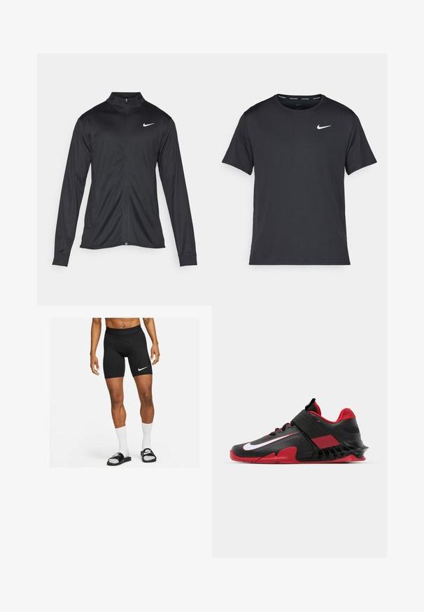 Zwarte sportjack met lange mouwen, kraag en volle rits. Voorzien van een subtiele Nike-logo in het wit op de bovenste linkerborst. Soepele textuur.; Zwarte Nike hardloop T-shirt gemaakt van lichtgewicht, ademend materiaal, met korte mouwen en een klein wit logo op de borst.; Zwarte sportshorts met een strakke pasvorm, voorzien van een wit Nike swoosh-logo op de linker bovenbeen en een soepele, elastische tailleband.; Zwarte en rode sport sneakers met een strak ontwerp, een textuur van gaas bovenkant, een stevige rubberen zool en een prominente witte logo-accent.