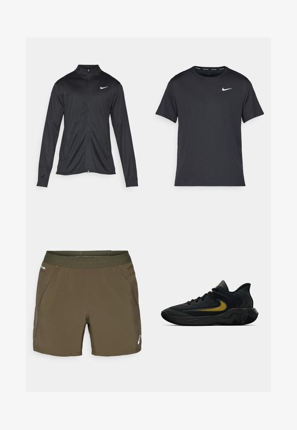 Veste de sport noire à manches longues, avec col et fermeture éclair intégrale. Présente un logo Nike subtil en blanc sur le côté supérieur gauche de la poitrine. Texture lisse.; T-shirt de course noir Nike en matériau léger et respirant, avec des manches courtes et un petit logo blanc sur la poitrine.; Shorts de sport vert olive en tissu léger, dotés d'une taille élastique, de poches latérales et d'un accent logo blanc au bas.; Chaussure de sport noire et gris foncé avec des lacets noirs et un logo swoosh doré, présentant un design de semelle ondulée et un col de talon rembourré.