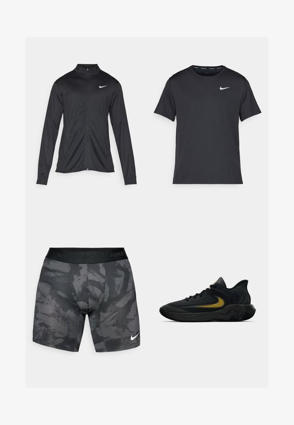 Svart idrottsjacka med långa ärmar, krage och full dragkedja. Har en diskret Nike-logga i vitt på övre vänstra bröstet. Slät yta.; Svart Nike löpeshirt i lätt, andningsbart material, med korta ärmar och en liten vit logotyp på bröstet.; Svarta träningstights med ett strukturerat mönster, elastisk midjeband med "NIKE PRO" och en liten vit Nike-logotyp på nedre framsidan.; Svart och mörkgrå sportskor med svarta snören och gul swoosh-logotyp, utrustad med en vågig sula och vadderad hälkrage.