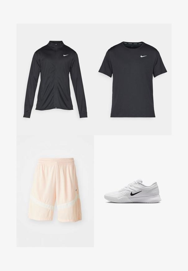 Črna atletska jakna z dolgimi rokavi, ovratnikom in polnim zadrgo. Vključuje diskreten bel Nike logotip na zgornjem levem delu prsnega koša. Gladka tekstura.; Črna tekaška majica Nike, izdelana iz lahkega in zračnega materiala, z kratkimi rokavi in majhnim belim logotipom na prsih.; Breskve kratke športne hlače, izdelane iz zračnega mrežastega materiala, s belimi detajli in elastičnim pasom za udobje in prilagodljivost.; Bela športna čeveljca z teksturiranim mrežastim zgornjim delom, črn Nike znak, oblazinjen ovratnik in gumijast podplat s profilom.