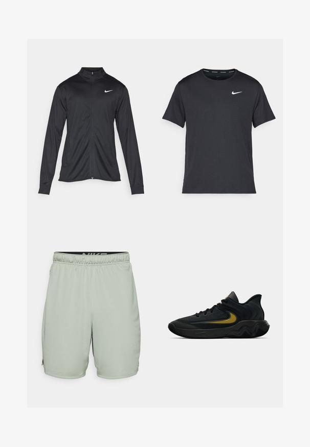 Fekete sportdzseki hosszú ujjal, gallérral és teljes cipzárral. Diszkrét fehér Nike logóval az upper bal mellen. Sima textúra.; Fekete Nike futó póló, könnyű, légáteresztő anyagból készült, rövid ujjú, és a mellkasán egy kicsi fehér logó található.; Nike Performance TOTALITY - Sport rövidnadrágok - jade horizon/black; Fekete és sötétszürke sportcipő fekete fűzővel és arany swoosh logóval, hullámos talpformával és párnázott sarokpánttal.