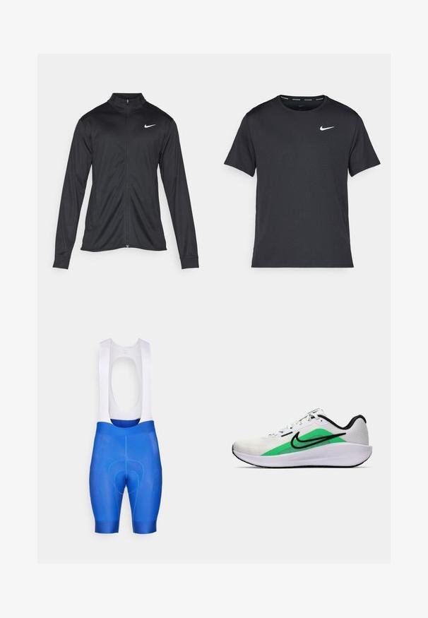 Crna sportska jakna s dugim rukavima, ovratnikom i punim patentnim zatvaračem. Ima suptilan Nike logo u bijeloj boji na gornjem lijevom dijelu prsne oznake. Glatka tekstura.; Crna Nike majica za trčanje napravljena od laganog, prozračnog materijala, s kratkim rukavima i malim bijelim logotipom na prsima.; Plave biciklističke bib kratke hlače s bijelim naramenicama, koje sadrže podstavljeni sjedalo, glatku teksturu i prilagođeni kroj za udobnost i performanse.; Bijela atletska obuća s zelenim akcentom, crnim logotipom, mrežastim gornjim dijelom, podstavljenom sole i zaobljenim petom. Sadrži vezice i kontrastne detalje.