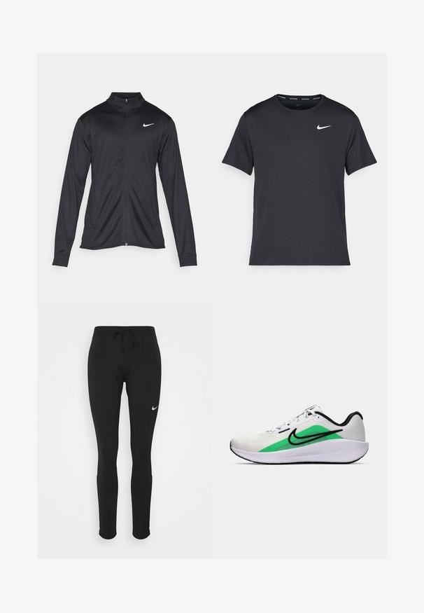 Sort atletisk jakke med lange ærmer, krave og fuld lynlås. Har et diskret Nike-logo i hvidt på den øverste venstre side af brystet. Glat tekstur.; Sort Nike løbe T-shirt lavet af let, åndbart materiale, med korte ærmer og et lille hvidt logo på brystet.; Sorte atletiske leggings med snøre i taljen, lavet af strækbart stof, med et lille hvidt Nike-logo på venstre lår.; Hvide sportssko med grøn accent, sort logo, netoverdel, polstret sål og rund hæl. Har snørebånd og kontrastdetaljer.