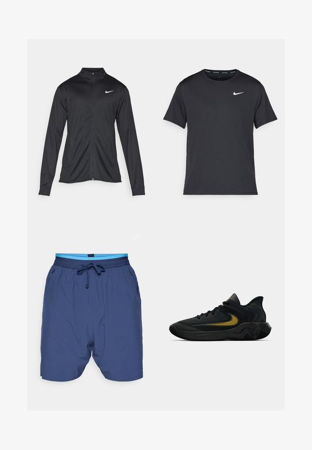 Fekete sportdzseki hosszú ujjal, gallérral és teljes cipzárral. Diszkrét fehér Nike logóval az upper bal mellen. Sima textúra.; Fekete Nike futó póló, könnyű, légáteresztő anyagból készült, rövid ujjú, és a mellkasán egy kicsi fehér logó található.; Navy kék rövidnadrág rugalmas derékkal, világoskék díszítéssel és oldalsó zsebekkel. Simább, könnyű anyagból készült.; Fekete és sötétszürke sportcipő fekete fűzővel és arany swoosh logóval, hullámos talpformával és párnázott sarokpánttal.