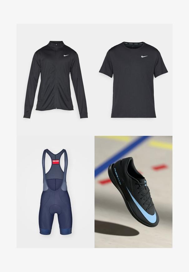 Veste de sport noire à manches longues, avec col et fermeture éclair intégrale. Présente un logo Nike subtil en blanc sur le côté supérieur gauche de la poitrine. Texture lisse.; T-shirt de course noir Nike en matériau léger et respirant, avec des manches courtes et un petit logo blanc sur la poitrine.; Cuissards de vélo navy avec bretelles en mesh, siège rembourré et accents bleus contrastants. Présente un mélange de tissu lisse et texturé.; Chaussure de sport noire avec accents bleus, surface texturée, design à lacets et logo Nike distinctif. Semelle en caoutchouc avec motifs de grip.