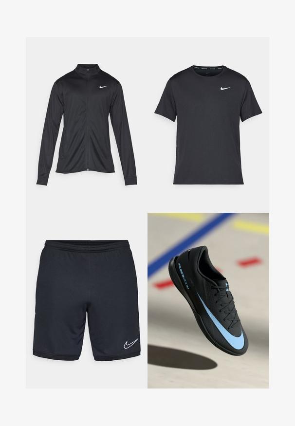 Jacket desportivo preto com mangas longas, colarinho e fecho zip completo. Apresenta um discreto logotipo da Nike em branco na parte superior do lado esquerdo do peito. Textura suave.; T-shirt de corrida Nike preto, feito de material leve e respirável, com mangas curtas e um pequeno logo branco no peito.; Calções atléticos pretos com um tecido leve e suave, cintura elástica e um detalhe do logótipo branco da Nike perto da bainha.; Shoe atlético preto com detalhes azuis, superfície texturizada, design de atacadores e logótipos distintivos da Nike. Sola em borracha com padrões de aderência.
