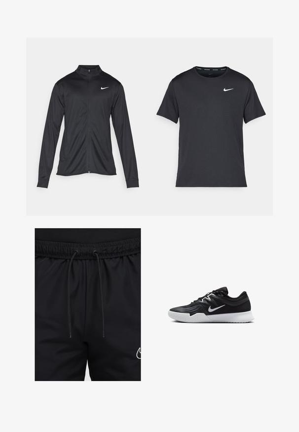 Schwarze Sportjacke mit langen Ärmeln, Kragen und voller Reißverschluss. Verfügt über ein dezentes Nike-Logo in Weiß auf der oberen linken Brust. Glatte Textur.; Schwarzes Nike Lauft-Shirt aus leichtem, atmungsaktivem Material, mit kurzen Ärmeln und einem kleinen weißen Logo auf der Brust.; Schwarze Sportshorts aus glattem Stoff mit einem elastischen Bund, der eine verstellbare Kordel hat, und einem weißen Logo-Akzent am Bein.; Schwarzer Sportschuh mit strukturiertem Obermaterial, weißem Nike-Warenzeichen und einer weißen Gummisohle. Verfügt über ein Schnürdesign und eine dynamische Form.