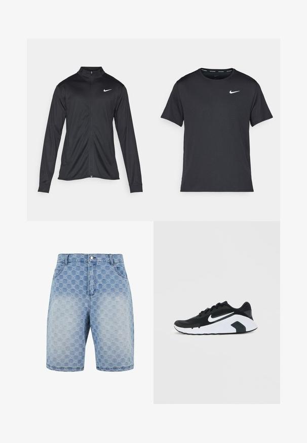 Melna sporta jaka ar garām piedurknēm, apkakli un pilnu rāvējslēdzēju. Uz kreisā krūts augšdaļas ir maigs Nike logo baltā krāsā. Gluda tekstūra.; Melna Nike skriešanas T-kreklā, kas izgatavots no viegla un elpojoša materiāla, ar īsām piedurknēm un mazu baltu logo uz krūtīm.; Gaiši zili džinsu šorti ar teksturētu rakstu no pārklājošām aplēm. Iespējotas piecas kabatas un klasiskā pogu un rāvējslēdzēja aizdare.; Melna un balta Nike skriešanas apava ar baltu swoosh logo, ar šņorēšanu un mīkstinātu zoli, attēlota no sāniem uz vienkārša fona.