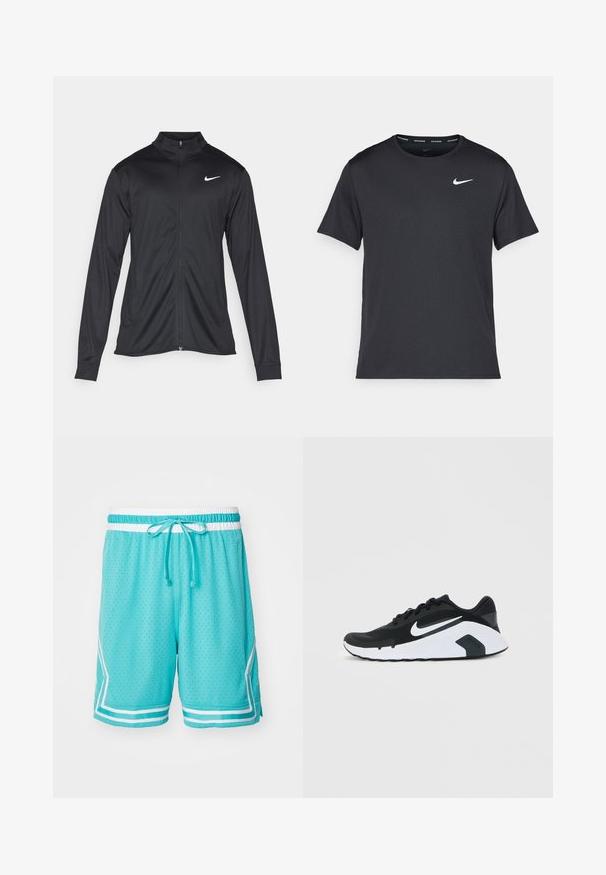 Jacket desportivo preto com mangas longas, colarinho e fecho zip completo. Apresenta um discreto logotipo da Nike em branco na parte superior do lado esquerdo do peito. Textura suave.; T-shirt de corrida Nike preto, feito de material leve e respirável, com mangas curtas e um pequeno logo branco no peito.; Calças de desporto turquesa com uma textura em rede, cordão branco e acentos laterais brancos. Apresentam um design respirável com perfurações.; Sapatilha de corrida Nike em preto e branco com o logo swoosh branco, design com atacadores e sola almofadada, mostrada de lado num fundo simples.