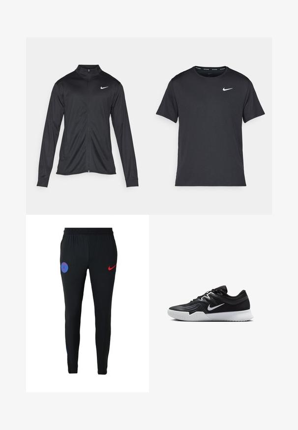 Giacca sportiva nera con maniche lunghe, colletto e zip completa. Presenta un logo Nike in bianco sulla parte superiore del lato sinistro del petto. Tessuto morbido.; Maglietta da corsa Nike nera realizzata in materiale leggero e traspirante, con maniche corte e un piccolo logo bianco sul petto.; Pantaloni sportivi neri a costine con un emblema blu e un logo Nike rosso, progettati con una vestibilità affusolata e tessuto elasticizzato per il massimo comfort.; Scarpa sportiva nera con tomaia testurizzata, logo Nike swoosh bianco e suola in gomma bianca. Presenta un design con lacci e una forma dinamica.