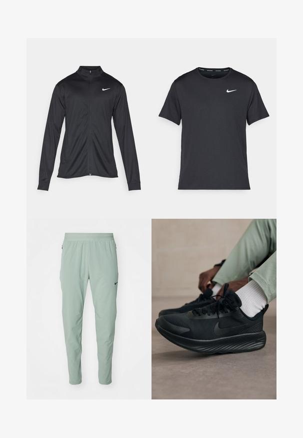 Jachetă sportivă neagră cu mâneci lungi, guler și fermoar complet. Prezintă un logo Nike subtil, alb, pe pieptul din stânga sus. Textură netedă.; Tricou de alergare Nike negru, fabricat dintr-un material ușor și respirabil, cu mâneci scurte și un mic logo alb pe piept.; Nike Performance FLEX REP - Pantaloni de trening - jade horizon; Pantofii de alergare Nike negri au un superior din plasă, o talpă texturată și branding minim. Designul este elegant și are un aspect athletic.