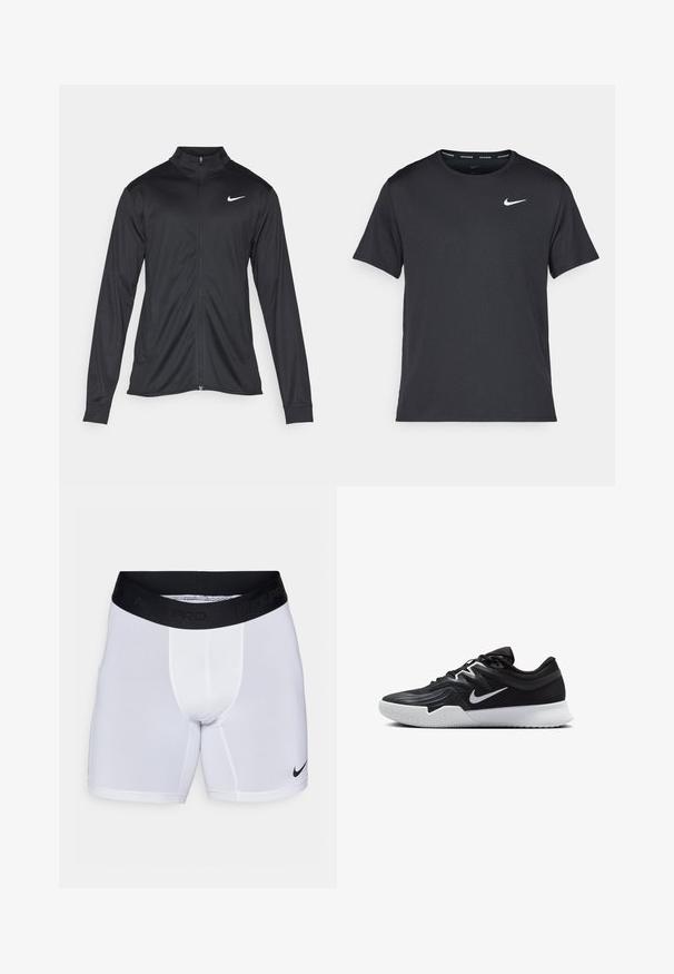 Zwarte sportjack met lange mouwen, kraag en volle rits. Voorzien van een subtiele Nike-logo in het wit op de bovenste linkerborst. Soepele textuur.; Zwarte Nike hardloop T-shirt gemaakt van lichtgewicht, ademend materiaal, met korte mouwen en een klein wit logo op de borst.; Witte sportshorts met een zwarte elastische tailleband met daarop de tekst "NIKE PRO". Voorzien van een zwart Nike Swoosh-logo aan de onderkant aan de rechterkant.; Zwarte sportieve schoen met een gestructureerde bovenkant, witte Nike swoosh en een witte rubberen zool. Beschikt over een veterontwerp en een dynamische vorm.