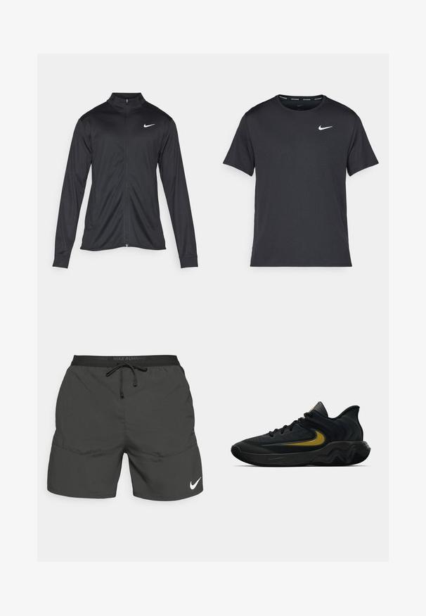 Must värvi sportlik jakk pikkade varrukatega, krae ja täispikk tõmblukk. Ülemises vasakus rinnas on diskreetne valge Nike logo. Sile tekstuur.; Mustamust Nike'i jooksupaita, mis on valmistatud kergest ja hingavast materjalist, lühikeste varrukatega ja mille rinnal on väike valge logo.; Must mustad jooksuks mustad lühikesed püksid elastse vöökoha, nööriga, küljetaskutega ning valge Nike logo alumisel vasakul jalal.; Mustmust värvi ja tumeda halli sportlik king, millel on mustad paelad ja kuldne swooshi logo, ning laineline tald ja pehmendatud kand.
