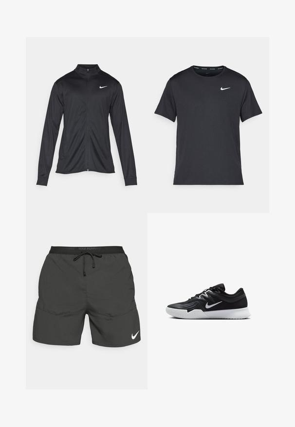 Musta urheilutakki pitkillä hihoilla, kauluksella ja kokonaisella vetoketjulla. Täydentää hienovarainen Nike-logo valkoisena vasemmassa ylärinnassa. Litteä pinta.; Musta Nike juoksupaita, joka on valmistettu kevyestä ja hengittävästä materiaalista. Paidassa on lyhyet hihnat ja pieni valkoinen logo rinnassa.; Mustat juoksushortsit, joissa on joustava vyötärö, nyöri, sivutaskut ja valkoinen Nike-logo vasemmassa alareunassa.; Musta urheilukenkä, jossa on teksturoitu päällinen, valkoinen Nike-tikkaus ja valkoinen kumipohja. Kenkässä on nauhakuji ja dynaaminen muoto.