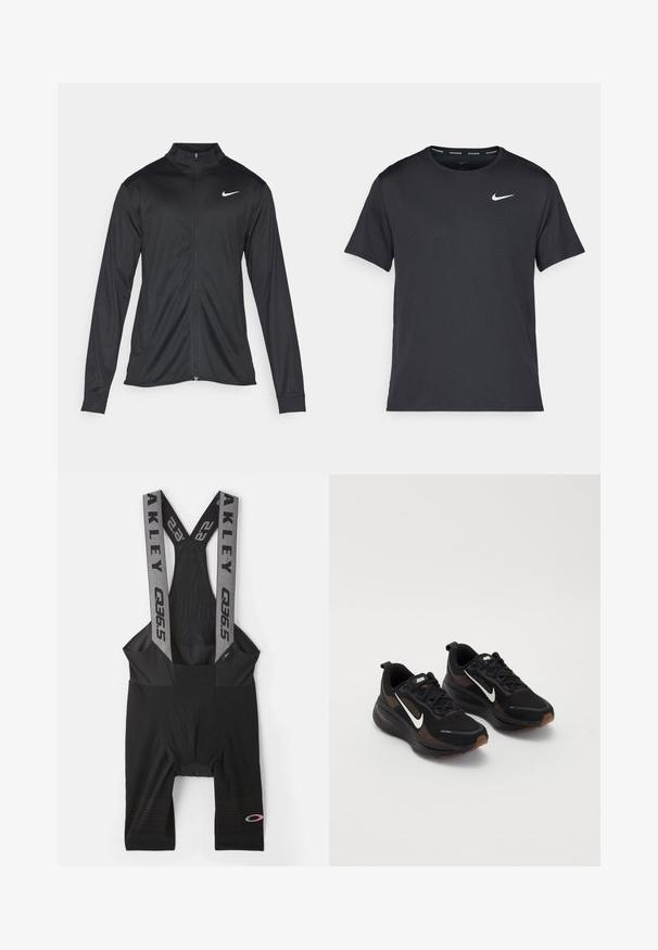 Černá sportovní bunda s dlouhými rukávy, límcem a plným zipem. Má decentní bílou logo značky Nike na horní levé části hrudi. Hladká textura.; Černé běžecké tričko Nike vyrobené z lehkého a prodyšného materiálu, s krátkými rukávy a malým bílým logem na hrudi.; Černé cyklistické šortky s elastickými kšandami s brandingem "AKLEY". Hladký povrch s polstrovaným sedákem a jemnými vzory na dolních nohavicích.; Černé sportovní boty s prodyšnou síťovanou svrchní částí, bílým logem Nike, texturovanou podešví a kontrastními hnědými akcenty. Obsahují zesílenou patu.