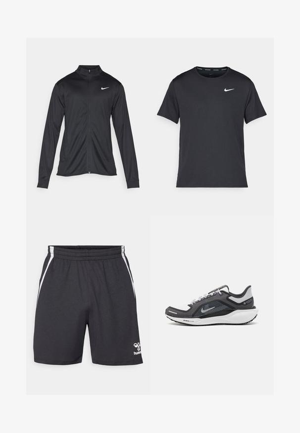 Chaqueta atlética negra con mangas largas, collar y cremallera completa. Presenta un sutil logo de Nike en blanco en la parte superior izquierda del pecho. Textura suave.; Camiseta de running negra de Nike, hecha de material ligero y transpirable, con mangas cortas y un pequeño logo blanco en el pecho.; Pantalones cortos deportivos negros en una tela texturizada, con rayas laterales blancas y un logo en la parte inferior derecha. Cintura elástica para un buen ajuste.; Zapatilla deportiva negro y gris con parte superior de malla, acentos reflectantes y una entresuela blanca. Presenta una suela de goma texturizada y cordones.