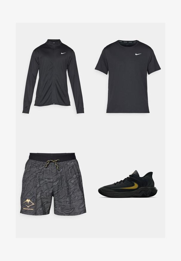 Sort atletisk jakke med lange ærmer, krave og fuld lynlås. Har et diskret Nike-logo i hvidt på den øverste venstre side af brystet. Glat tekstur.; Sort Nike løbe T-shirt lavet af let, åndbart materiale, med korte ærmer og et lille hvidt logo på brystet.; Sorte shorts med et tekstureret mønster af grå bølger og prikkede accenter. Har en sort elastisk talje med en gul snor og logo.; Sort og mørkegrå atletisk sko med sorte snørebånd og guld swoosh-logo, der har et bølget såledesign og polstret hælkant.