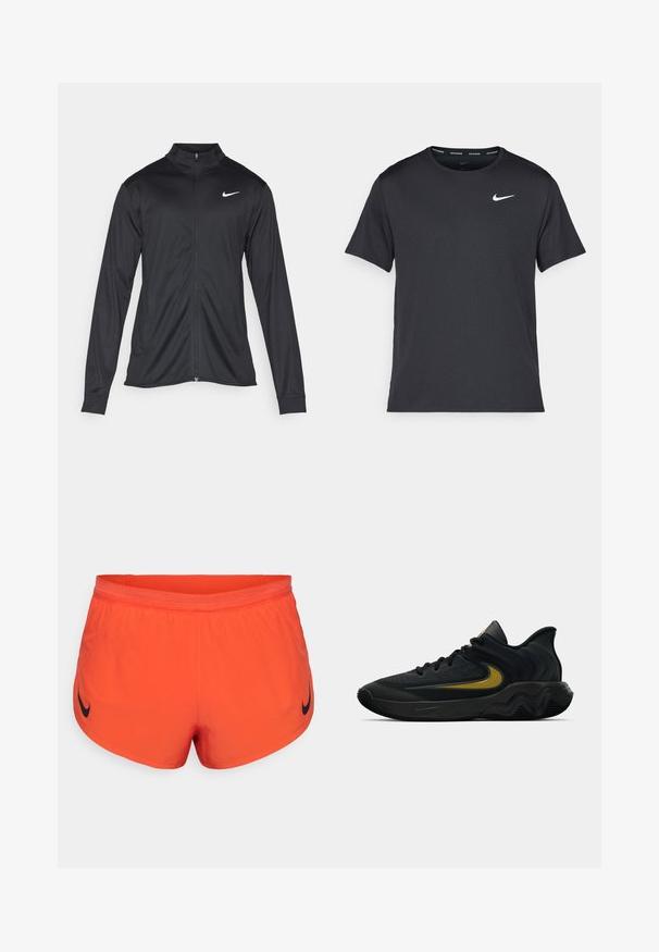 Veste de sport noire à manches longues, avec col et fermeture éclair intégrale. Présente un logo Nike subtil en blanc sur le côté supérieur gauche de la poitrine. Texture lisse.; T-shirt de course noir Nike en matériau léger et respirant, avec des manches courtes et un petit logo blanc sur la poitrine.; Shorts de sport orange en tissu lisse, arborant un logo Nike noir sur le côté gauche et une ceinture élastique pour le confort.; Chaussure de sport noire et gris foncé avec des lacets noirs et un logo swoosh doré, présentant un design de semelle ondulée et un col de talon rembourré.