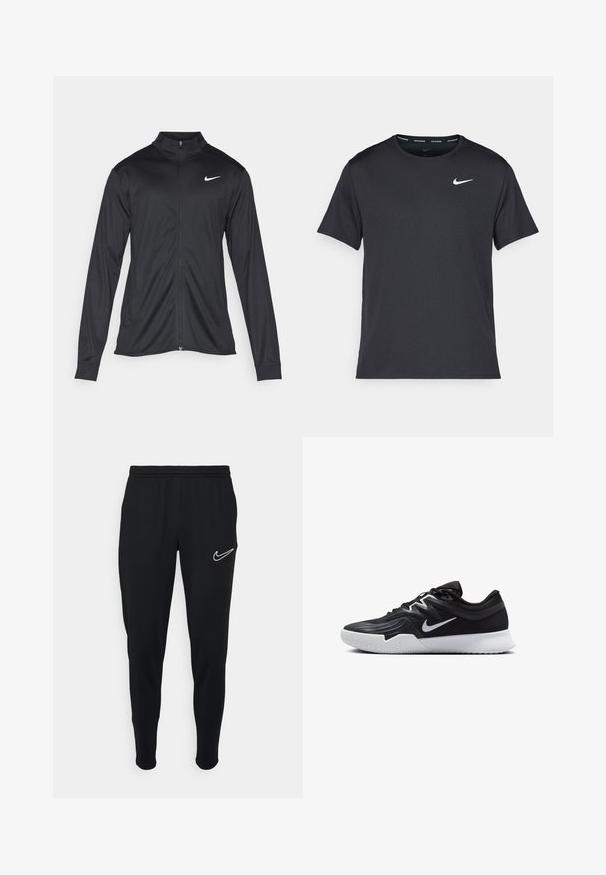 Black athletic jacket with long sleeves, collar, and full zipper. Features a subtle Nike logo in white on the upper left chest. Smooth texture.; Black Nike running T-shirt made of lightweight, breathable material, featuring short sleeves and a small white logo on the chest.; Black athletic joggers with an elastic waistband, slim fit, and white Nike logo on the left side. Soft fabric with a smooth texture.; Black athletic shoe with a textured upper, white Nike swoosh, and a white rubber outsole. Features a lace-up design and dynamic shape.