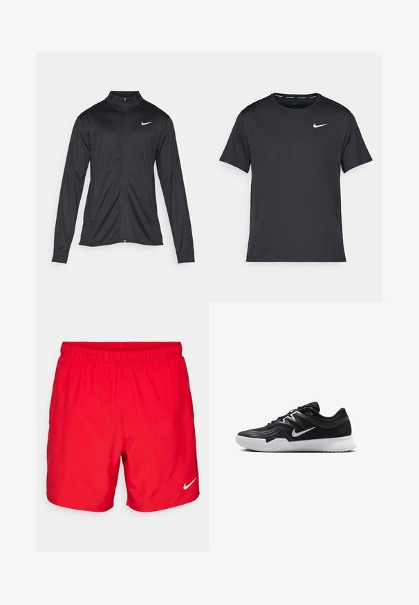 Čierna športová bunda s dlhými rukávmi, golierom a plným zipsom. Obsahuje nenápadné logo Nike v bielej farbe na hornej ľavej hrudi. Hladká textúra.; Čierne bežecké tričko Nike vyrobené z ľahkého a priedušného materiálu, s krátkymi rukávmi a malým bielym logom na hrudi.; Červené športové šortky vyrobené z ľahkej látky. Majú elastický pás, bočné vrecká a malé biele logo Nike na dolnej prednej strane.; Čierna športová topánka s textúrovaným zvrškom, bielym logom Nike a bielou gumovou podrážkou. Má šnurovací dizajn a dynamický tvar.