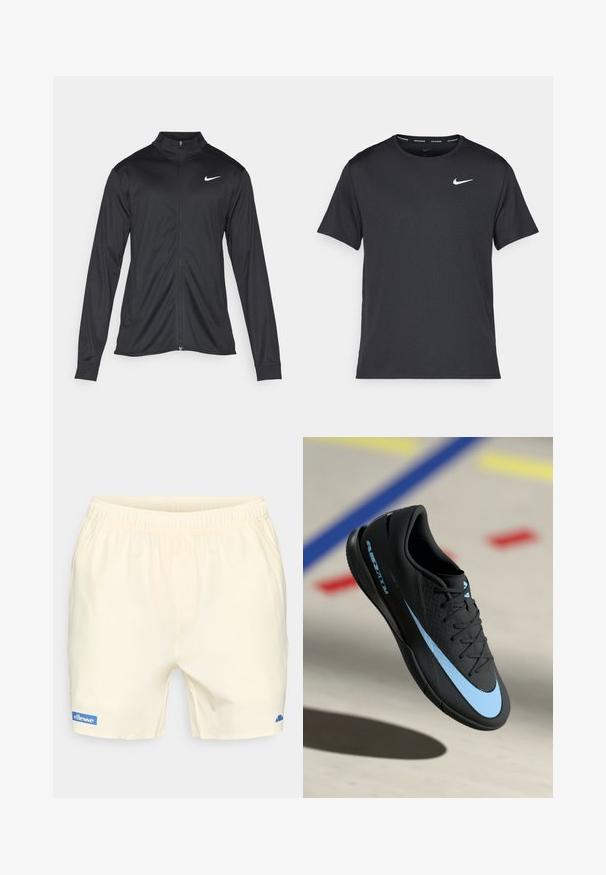 Must värvi sportlik jakk pikkade varrukatega, krae ja täispikk tõmblukk. Ülemises vasakus rinnas on diskreetne valge Nike logo. Sile tekstuur.; Mustamust Nike'i jooksupaita, mis on valmistatud kergest ja hingavast materjalist, lühikeste varrukatega ja mille rinnal on väike valge logo.; Heledad kollane meestele mõeldud elastse vöökohtaga lühikesed püksid, millel on vasakul jalal sinine ellesse logo ja paremal jalal väike sinine sümbol.; Mustad mustus spordijalats siniste detailidega, tekstureeritud pind, lipsudega disain ja eristuv Nike logo. Kummist talla, millel on haardemustrid.