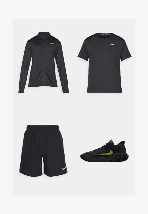Must värvi sportlik jakk pikkade varrukatega, krae ja täispikk tõmblukk. Ülemises vasakus rinnas on diskreetne valge Nike logo. Sile tekstuur.; Mustamust Nike'i jooksupaita, mis on valmistatud kergest ja hingavast materjalist, lühikeste varrukatega ja mille rinnal on väike valge logo.; Mustad mustad lühikesed püksid, mis on valmistatud kerge kangaga, elastse vöökoha ja valge Nike logoga vasakul allääris.; Mustmust värvi ja tumeda halli sportlik king, millel on mustad paelad ja kuldne swooshi logo, ning laineline tald ja pehmendatud kand.