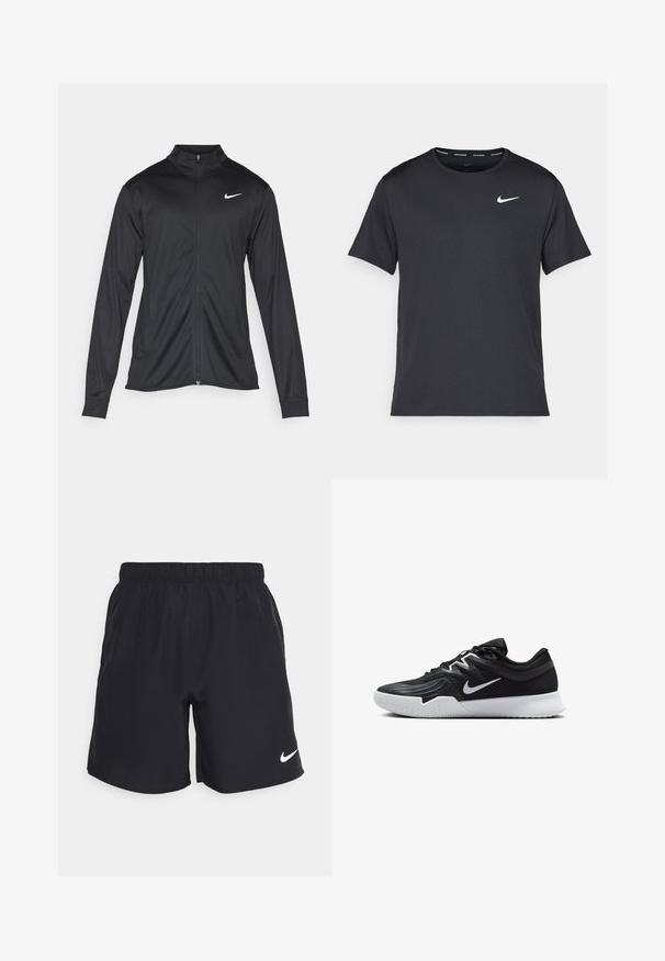 Chaqueta atlética negra con mangas largas, collar y cremallera completa. Presenta un sutil logo de Nike en blanco en la parte superior izquierda del pecho. Textura suave.; Camiseta de running negra de Nike, hecha de material ligero y transpirable, con mangas cortas y un pequeño logo blanco en el pecho.; Pantalones cortos deportivos negros de tela ligera con una cinturilla elástica y un logo de Nike en blanco en la parte inferior de la pierna izquierda.; Zapatilla deportiva negra con parte superior texturizada, logo de Nike en blanco y suela de goma blanca. Tiene un diseño con cordones y una forma dinámica.