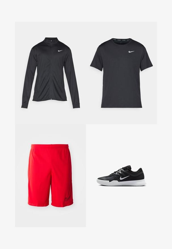Melna sporta jaka ar garām piedurknēm, apkakli un pilnu rāvējslēdzēju. Uz kreisā krūts augšdaļas ir maigs Nike logo baltā krāsā. Gluda tekstūra.; Melna Nike skriešanas T-kreklā, kas izgatavots no viegla un elpojoša materiāla, ar īsām piedurknēm un mazu baltu logo uz krūtīm.; Sarkani sporta šorti no viegla auduma, ar melnu logotipa akcentu, elastīgu jostasvietu un sānu ventiļiem, lai uzlabotu gaisa plūsmu.; Melni sporta apavi ar teksturētu virsu, balto Nike zulumu un balto gumijas zoli. Iezīmējas ar auklu pievilkšanas dizainu un dinamisku formu.