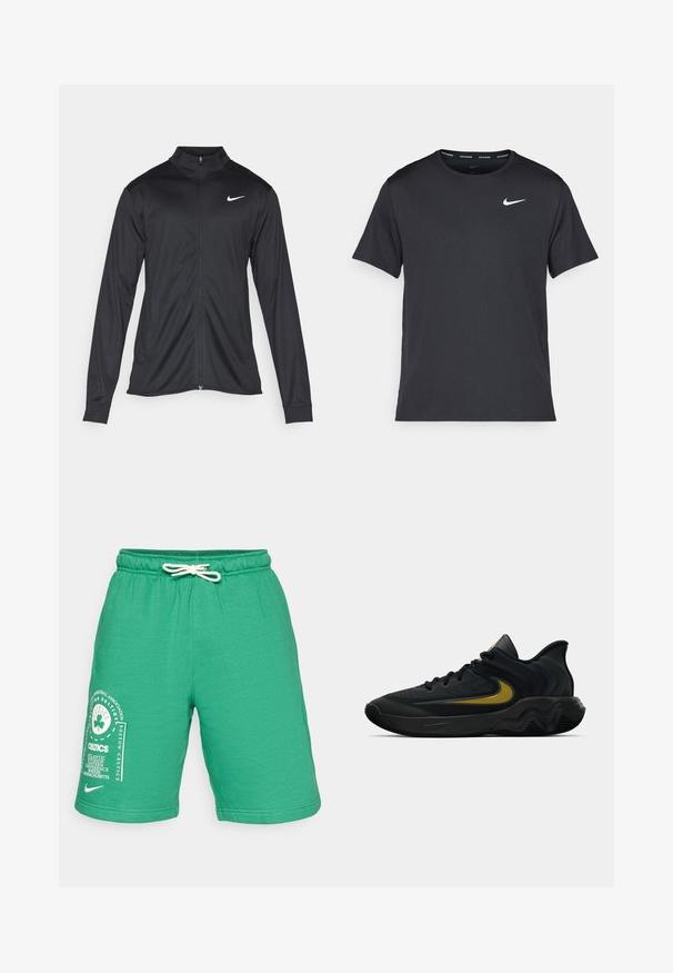 Crna sportska jakna s dugim rukavima, ovratnikom i punim patentnim zatvaračem. Ima suptilan Nike logo u bijeloj boji na gornjem lijevom dijelu prsne oznake. Glatka tekstura.; Crna Nike majica za trčanje napravljena od laganog, prozračnog materijala, s kratkim rukavima i malim bijelim logotipom na prsima.; Zeleni šorts od pamuka s elastikom u struku i vezicom. Ima bijelu grafiku Boston Celtics na lijevoj nozi.; Crne i tamnosive atletske tenisice s crnim vezicama i zlatnim Swoosh logom, sa valovitom dizajnom đona i podstavljenim ovratnikom na peti.